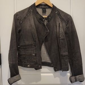 Black denim moto-style jean jacket